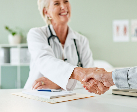 Happy Woman Doctor And Handshake With Patient For Consultation Agreement